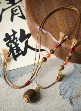 原创绿奇楠沉香木项链 文玩天然南红玛瑙和田玉毛衣链