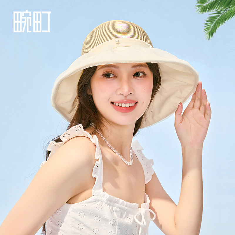 畹町遮阳草帽女夏季度假沙滩帽精致欧根纱拼接盆帽蝴蝶结渔夫帽子,淘宝优惠券,粉丝福利购,淘宝优惠卷