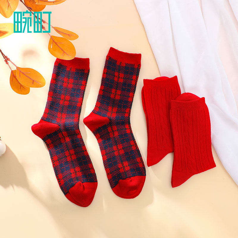 畹町2021秋冬新款圣诞红高帮长袜子 畹町短袜/打底袜/丝袜/美腿袜