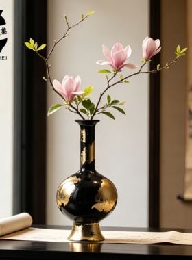 景德镇轻奢风陶瓷花瓶黑色金箔精致桌面摆件酒店小口径装饰插花器