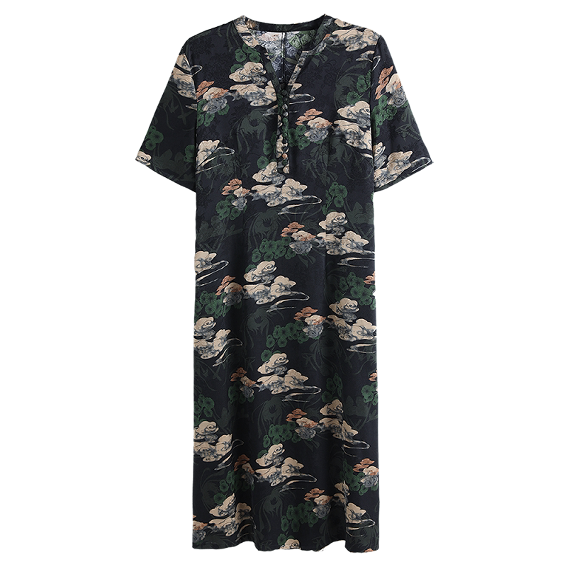 香云纱真丝连衣裙女夏季新中式印花中老年妈妈装大码桑蚕丝裙子