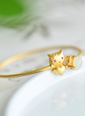 久不掉色古法沙金天然和田玉白玉招财猫福镯手镯玉镯手串配证书