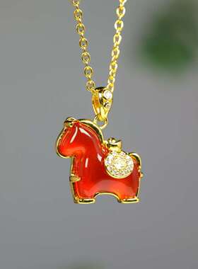 久不掉色古法沙金天然南红玛瑙吊坠玉坠本命年马到成功项链配证书