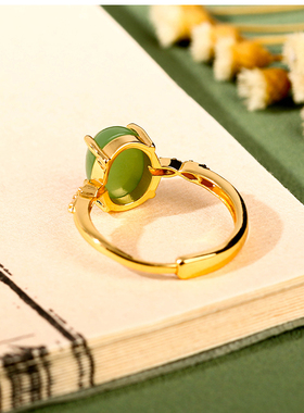 久不掉色古法沙金天然和田玉碧玉蛋面活口玉戒指戒圈指环配证书