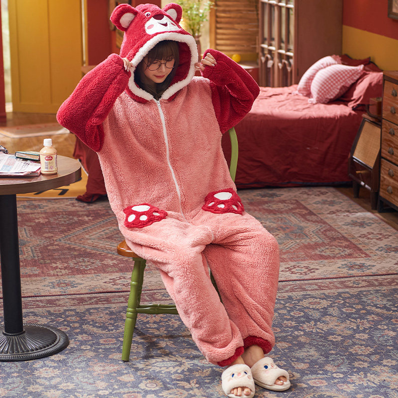 冬季连体毛绒可爱长耳朵法兰绒睡衣 蔓菁芳睡衣/家居服套装