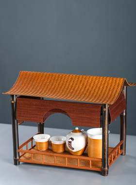 竹编茶杯架紫竹屋檐茶棚桌面茶台