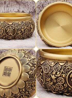 速发黄铜铜钱聚宝盆招财进宝饰件实心米缸公司开业礼品家用装摆工