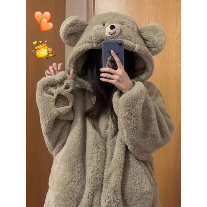 小熊睡衣女秋冬季珊瑚绒加厚加绒可爱冬天女款法兰绒家居服套装潮 - 图0