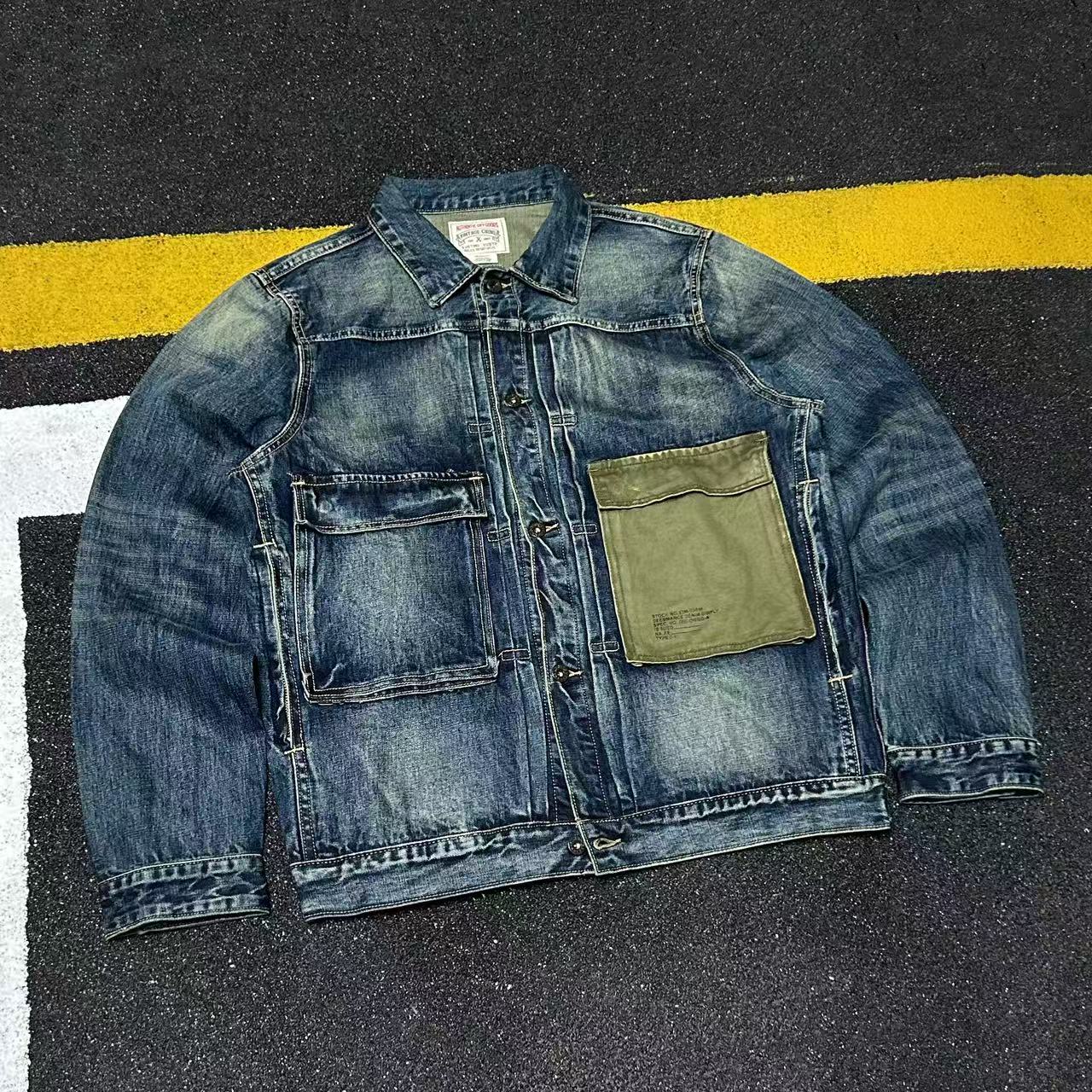 日系复古重磅全棉工装牛仔外套男宽松口袋做旧水洗夹克潮流 - 图1