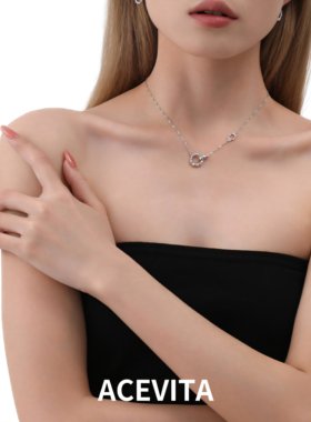 ACEVITA | 欧美清新冷淡风几何拼接环扣项链黄铜镀白金色锆石耳钉