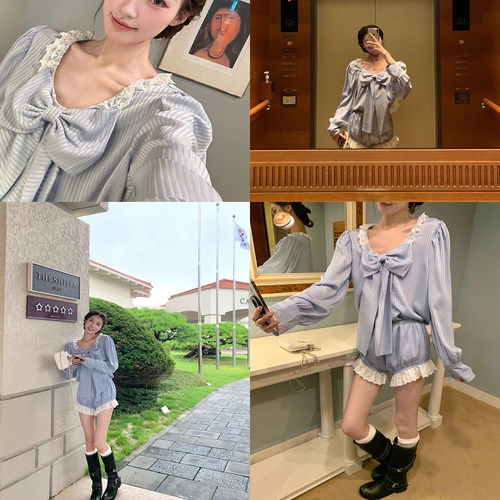 SourceWithU 蓝色芭蕾 仿醋酸2色doll感蝴蝶结肌理衬衫灯笼短裤女 - 图0