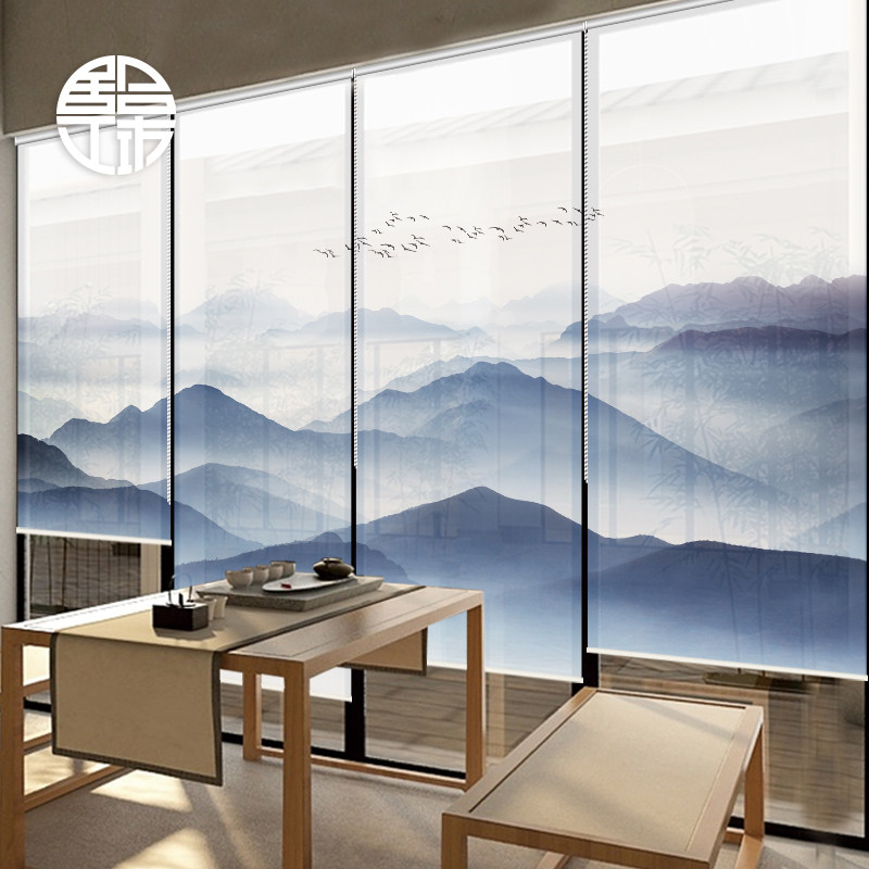 新中式山水卷帘禅意水墨帘半透明纱帘软隔断客厅办公室定制窗帘,淘宝优惠券,粉丝福利购,淘宝优惠卷