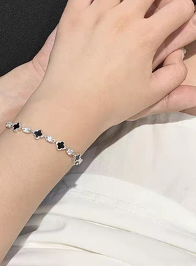 黑玛瑙四叶草手链女S999纯银