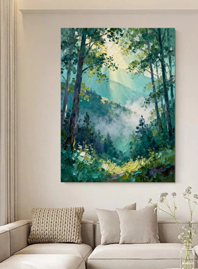 可班手绘油画青山雾林玄关装饰画