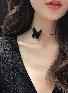 气质蕾丝蝴蝶结项链女白色项圈小众高级感颈圈颈链系颈带锁骨链女