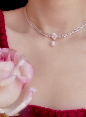 欧美INS饰品新款金色水钻锁骨链短项链排钻满钻水晶女