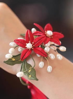 非遗缠花新娘手腕花古风中式红色秀禾服旗袍高级感婚礼配饰品手环