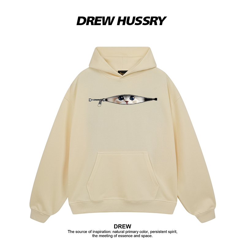 Drew美式潮牌趣味拉链猫咪印花连帽卫衣男女秋冬加绒情侣装上衣 - 图2