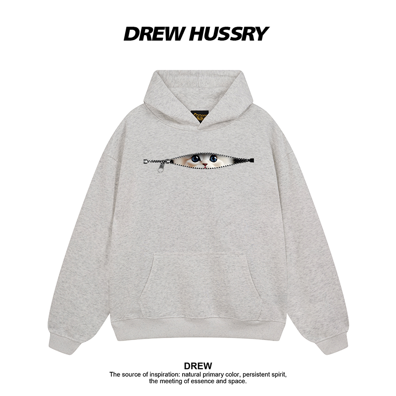 Drew美式潮牌趣味拉链猫咪印花连帽卫衣男女秋冬加绒情侣装上衣 - 图3