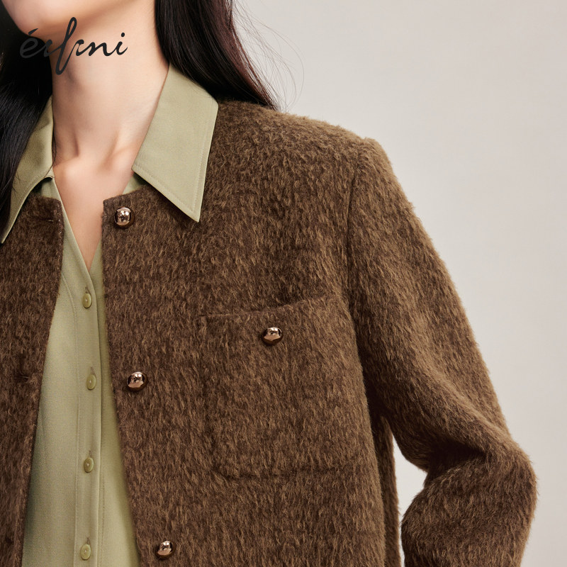 伊芙丽奥莱贴袋装饰苏力羊毛双面呢截短小香风外套女2024秋装女装,淘宝优惠券,粉丝福利购,淘宝优惠卷