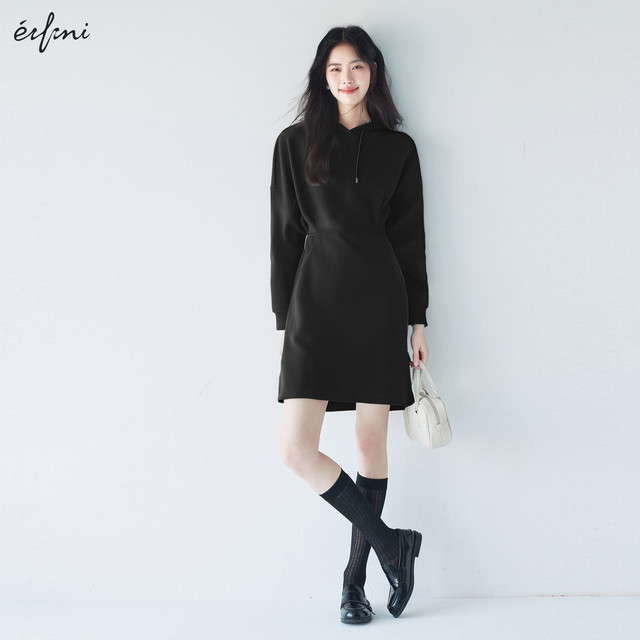 Evely outlets store black knitted dress hooded sweatshirt long skirt little black dress spring and autumn women's skirt