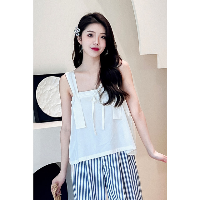 Shifanli white wide shoulder strap bow shirt small shirt short sleeveless shirt for women Eveli outlets store