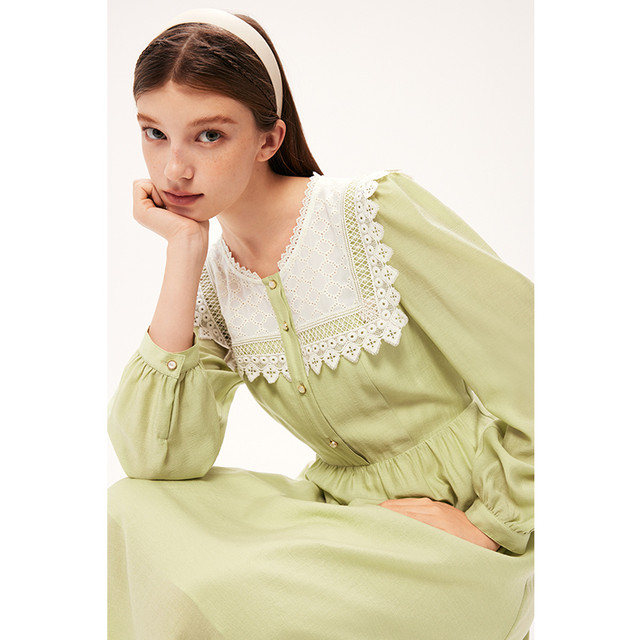 Shifanli Lace Splicing Dress Summer Baby Doll Collar Mint Mambo Tea Break Dress for Women Evely Outlets Store