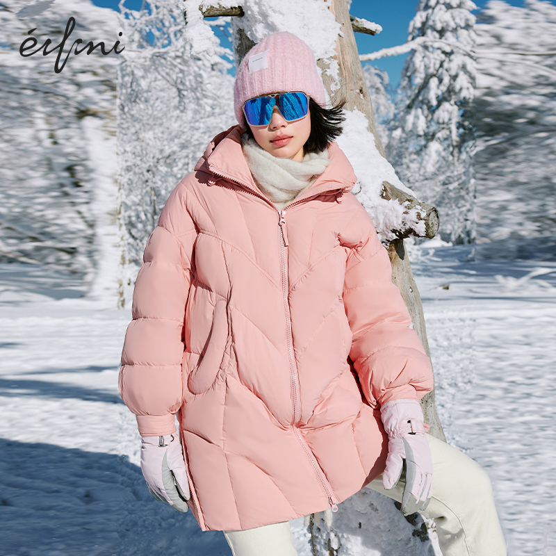 伊芙丽冰淇淋色百搭蓬松保暖设计感长款连帽泡芙羽绒服女秋季外套 - 图0