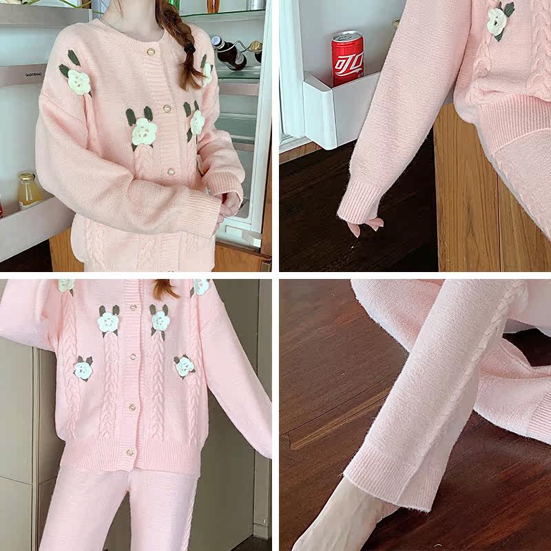 秋冬季北极绒加绒可爱刺绣花朵睡衣 prettygirl睡衣/家居服套装
