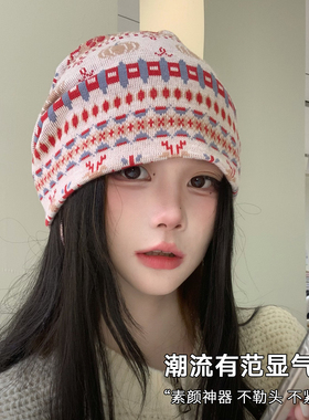 复古费尔岛提花针织堆堆帽女春秋大头围包头帽时尚百搭显脸小冷帽