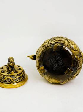 全黄铜祥云太狮聚宝盆铜香炉三足宣德炉檀香炉铜器礼品摆件