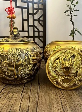 多吉缘黄铜制作叶龙行下茶叶罐九龙茶罐家居办公室天工艺品