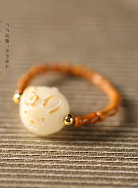 新中式森系橄榄核竹节【节节高升】搭配菩提雕财猫九尾狐精美手戒