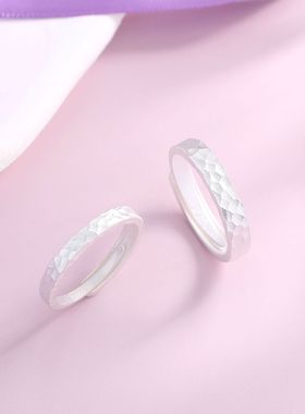 戒指纯银999时尚简约韩版设计感开口光面素圈时光锤纹情侣对戒