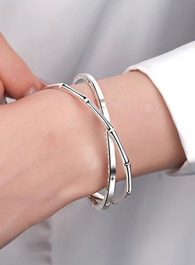 竹节双环手镯女纯银幸运四叶草百搭小众高级感实心银镯子无