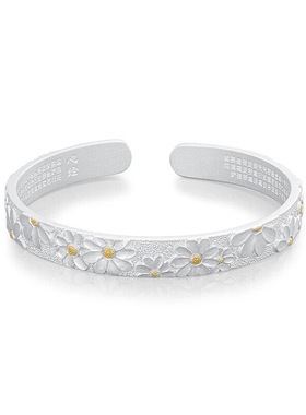 足银古法点分色雏菊心经开口纯银手镯古法小雏菊戒指开口送女