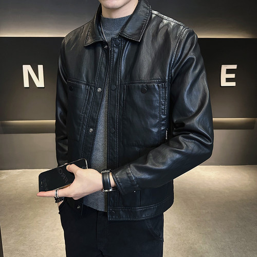 冬季加绒加厚保暖皮衣外套男痞帅保暖高级感帅气短款修身男皮夹克 - 图2