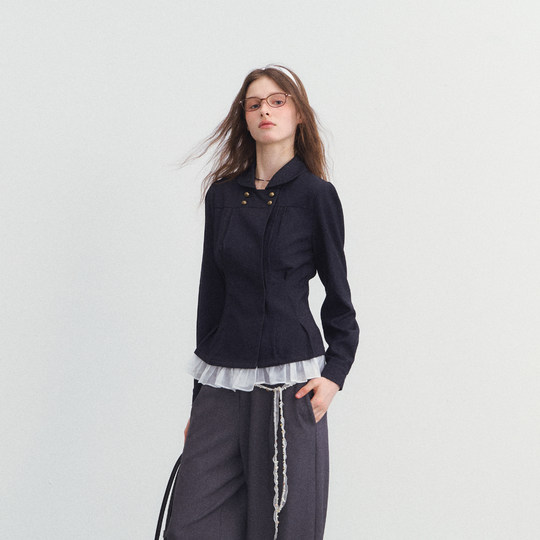 SPEAR YOUTH“无可替代”双排扣牛仔打褶收腰衬衫通勤上衣外套