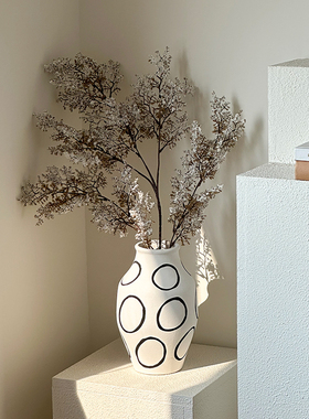 黑色陶瓷花瓶侘寂风高级感客厅插花摆件装饰品仿真植物中古小众