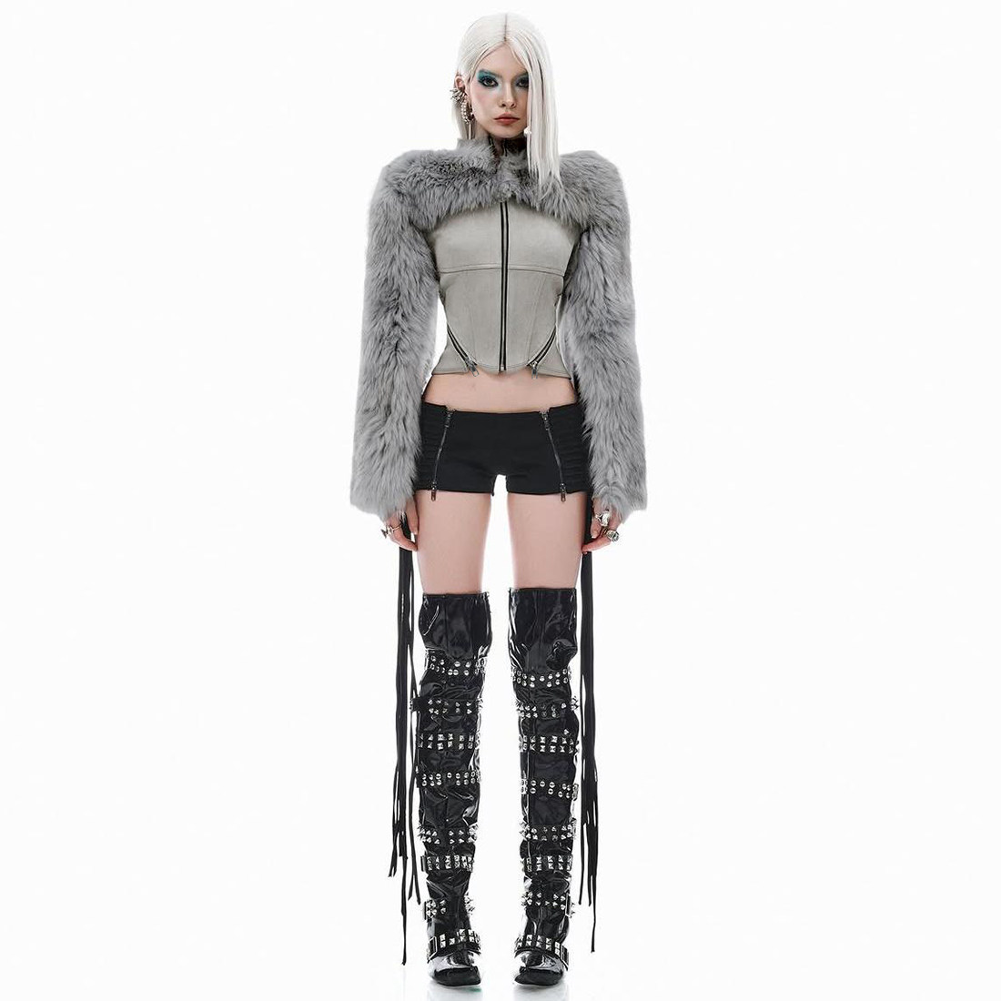 SylCue 冷艳御姐风时尚毛毛拉链百搭长袖外套收腰显瘦不规则上衣,淘宝优惠券,粉丝福利购,淘宝优惠卷