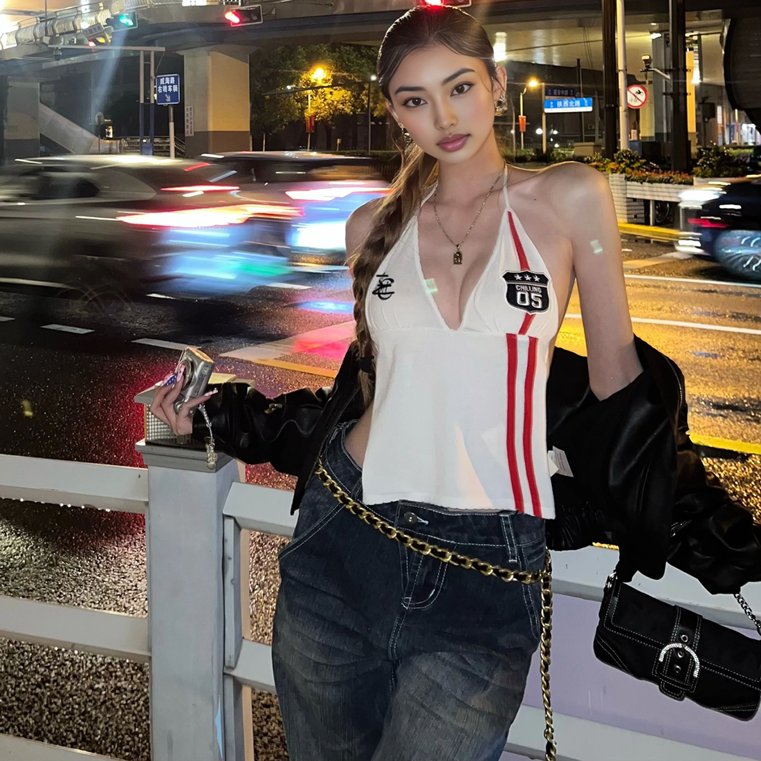 SylCue 美式辣妹风时尚条纹撞色拼接V领显瘦挂脖吊带背心露背上衣,淘宝优惠券,粉丝福利购,淘宝优惠卷