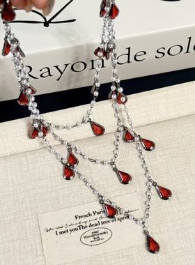 暗黑哥特风多层串珠水滴流苏项链女小众重工朋克个性珍珠锁骨链潮