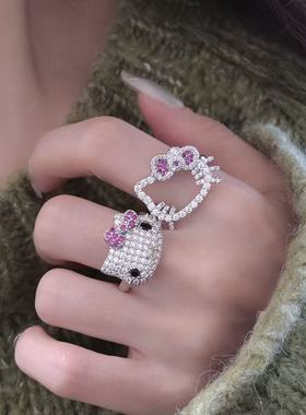 微镶锆石KT猫咪戒指女y2k甜酷小众设计感食指戒爆闪精致指环潮