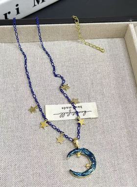 辣妹精致星星流苏吊坠锁骨链满天星蓝色月亮吊坠毛衣链月牙项链女