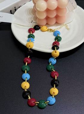 彩色豆豆串珠项链女多巴胺珠子短款毛衣链百搭时髦网红款锁骨链潮
