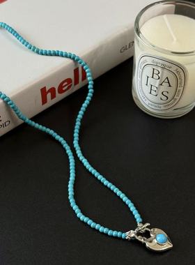 法式蓝色松石爱心锁型玫瑰花吊坠项链女精巧小众设计百搭锁骨链潮