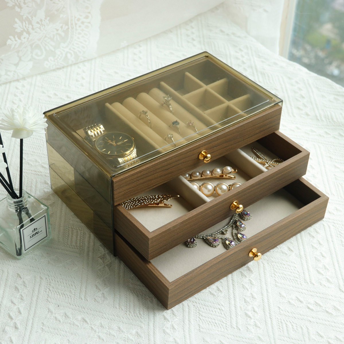 首饰收纳盒高档精致胡桃木纹大容量耳钉项链饰品头饰珠宝箱,淘宝优惠券,粉丝福利购,淘宝优惠卷