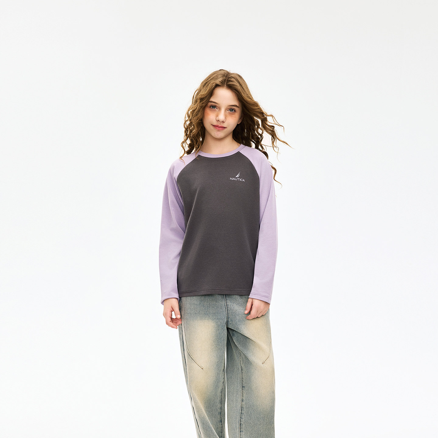 NAUTICA童装男女童圆领打底衫秋冬长袖T恤撞色拼接运动风休闲上衣,淘宝优惠券,粉丝福利购,淘宝优惠卷