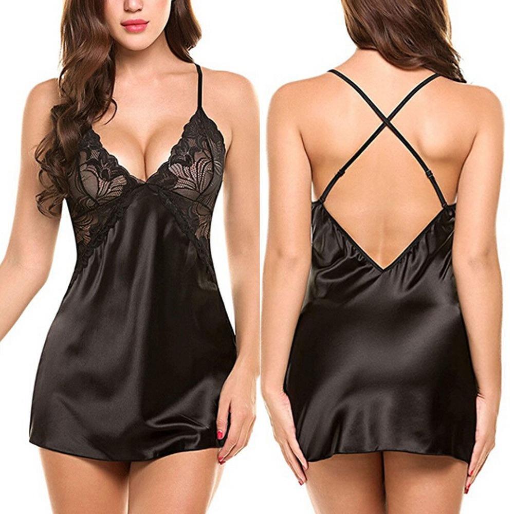 Women Sexy Nightdress Lingerie Lace Satin Silk Sleepwear Sex - 图0