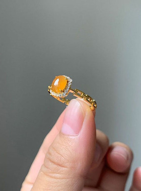 镀925银玉髓黄翡蛋面戒指